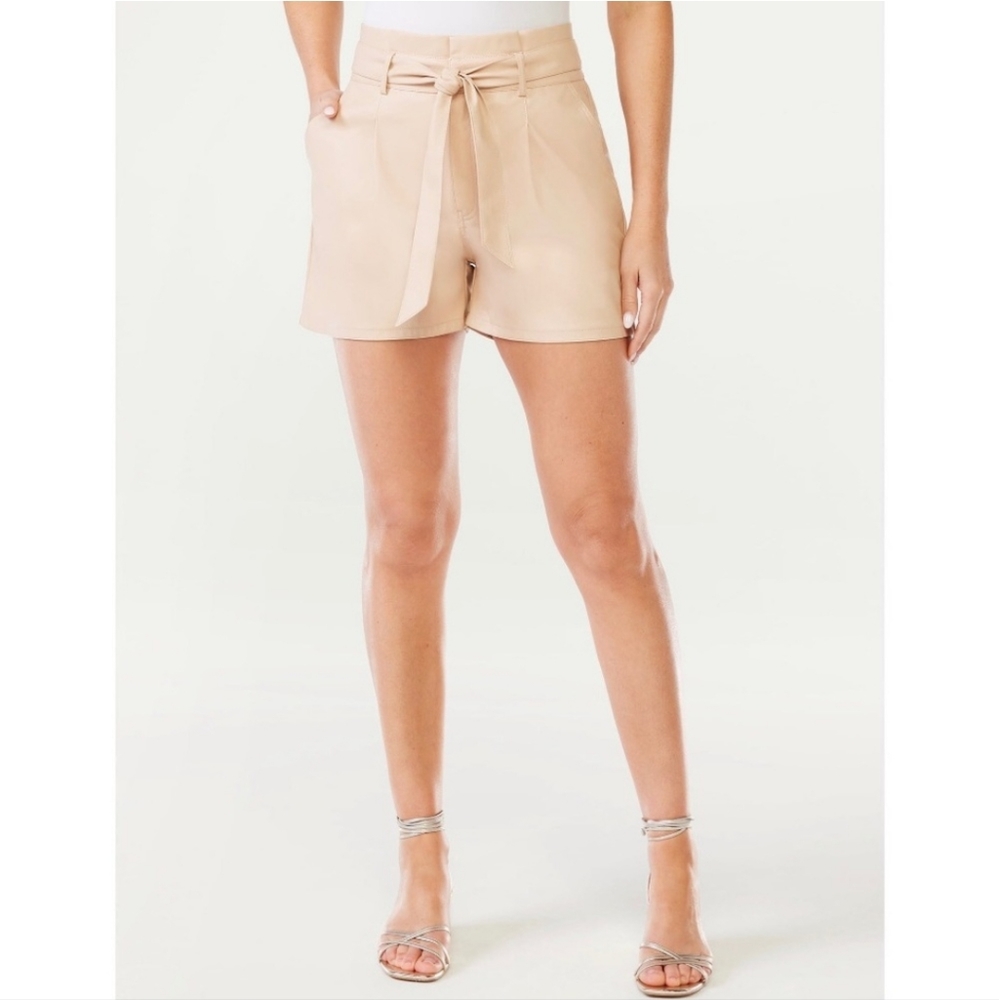 NWT Sofia Vergara Hi-Rise Faux Leather Paperbag Shorts in Brown (Cream), Size 12